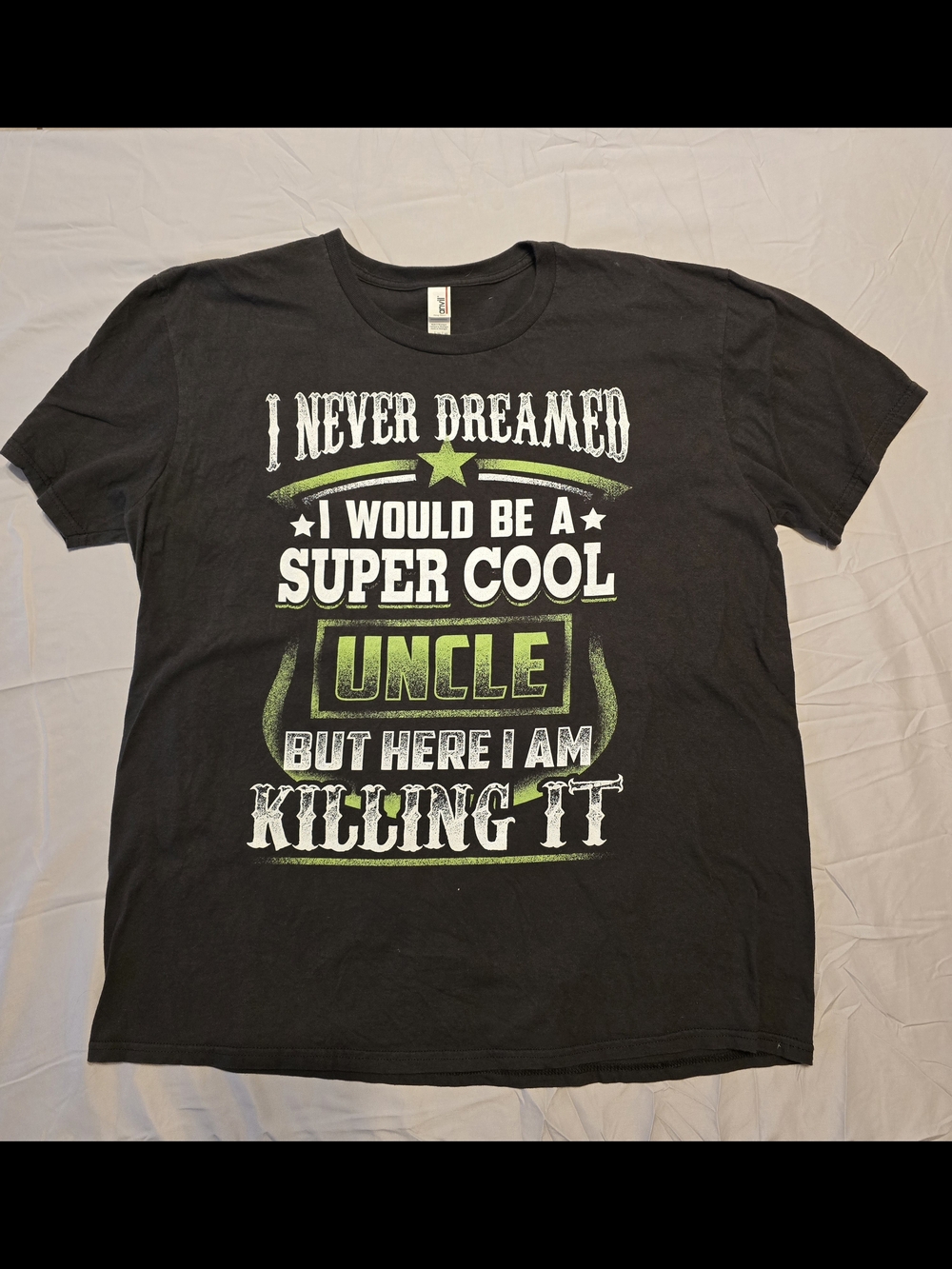 Anvil Black Tee with White and Green Graphic Men's XL